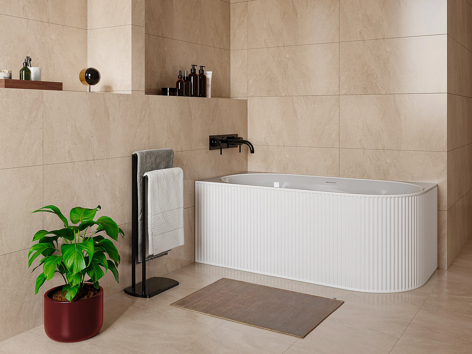 Hoekbad met ribbels – 200L – Mat wit – Acryl – Hoek links – 150cm – BARBORI