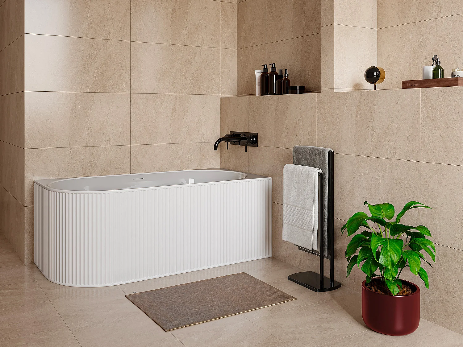 Hoekbad met ribbels – 200L – Mat wit – Acryl – Hoek rechts – 150 cm – BARBORI