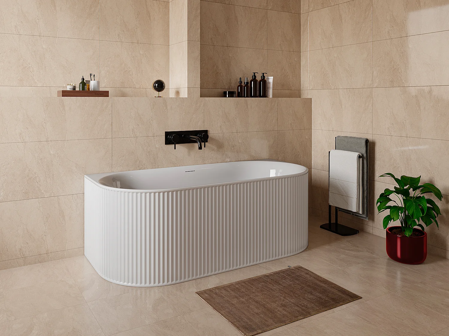 Half losstaand bad met ribbels – 240L – 170 x 80 x 60 cm – Mat wit – Acryl – BARBORI