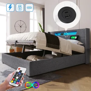 Bed met opbergruimte 140×200 cm – grijs linnen – tienerbed met USB-oplaadfunctie en ledverlichting – zonder matras