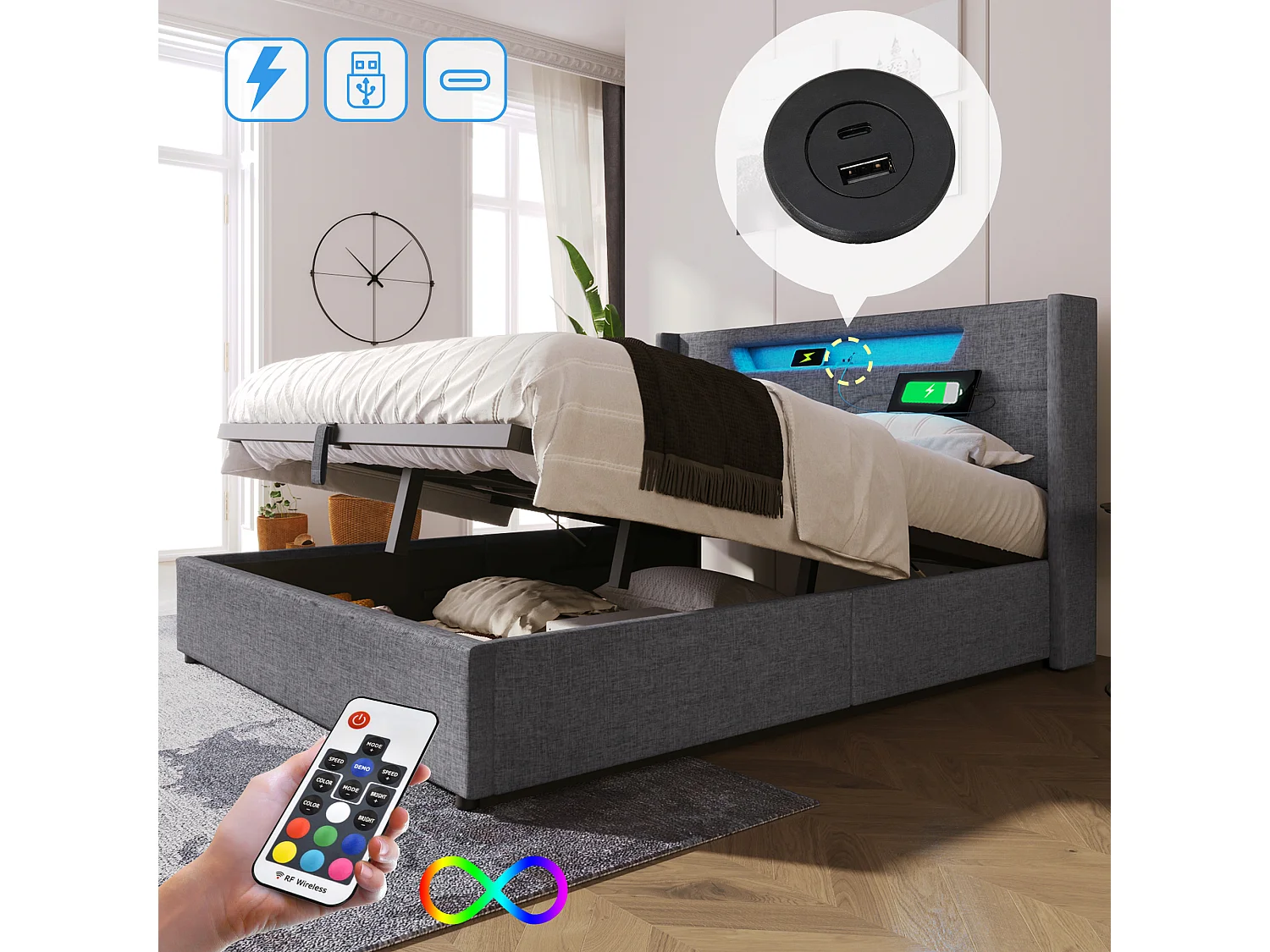 Bed met opbergruimte 140x200 cm - grijs linnen - tienerbed met USB-oplaadfunctie en ledverlichting - zonder matras