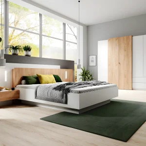 Bed met zwevende nachtkastjes FRANCOLI – 160 x 200 cm – 2 lades – Ledverlichting – Wit en eiken Bed met zwevende nachtkastjes FRANCOLI – 160 x 200 cm – 2 lades – Ledverlichting – Wit en eiken
