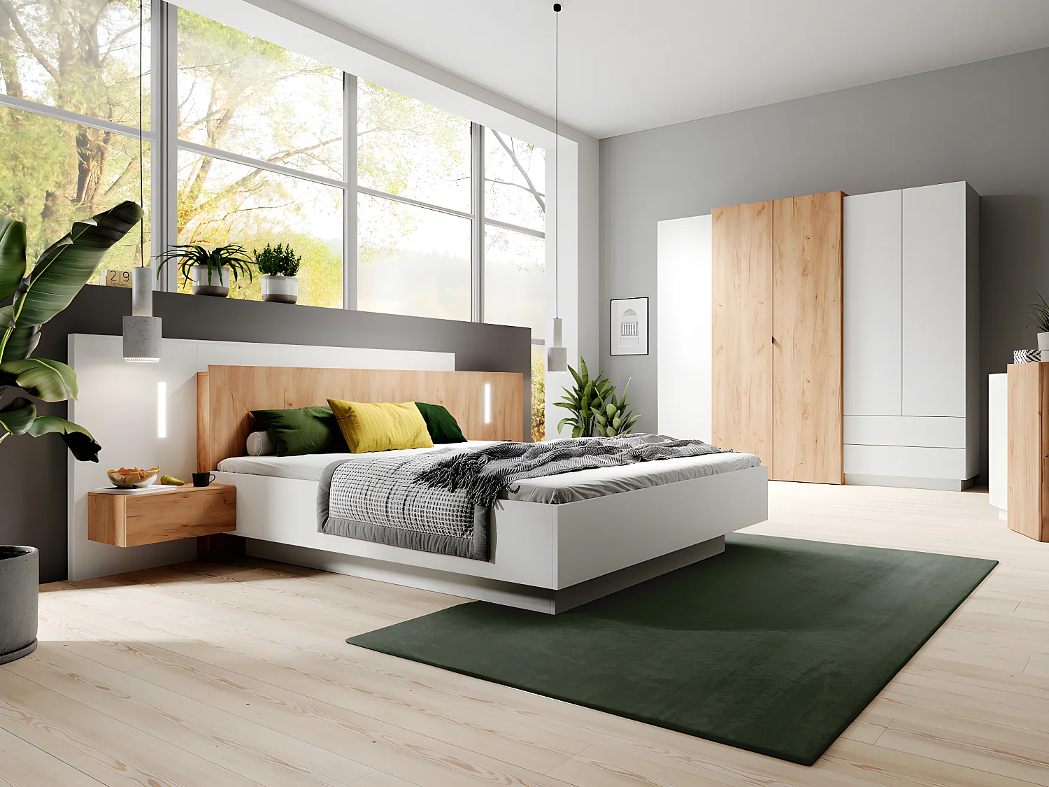 Bed met zwevende nachtkastjes FRANCOLI - 160 x 200 cm - 2 lades - Ledverlichting - Wit en eiken