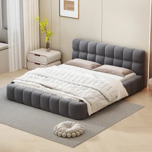 Bed 140×190 cm – Tweepersoonsbed met zachte rugleuning en lattenbodem – Linnengrijs – Zonder matras Bed 140×190 cm – Tweepersoonsbed met zachte rugleuning en lattenbodem – Linnengrijs – Zonder matras