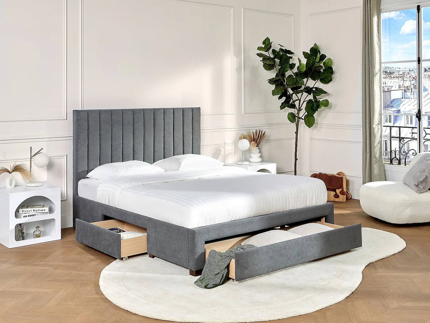 Bed met opbergruimte - 160 x 200 cm - Grijze stoffen bekleding - LIAKO