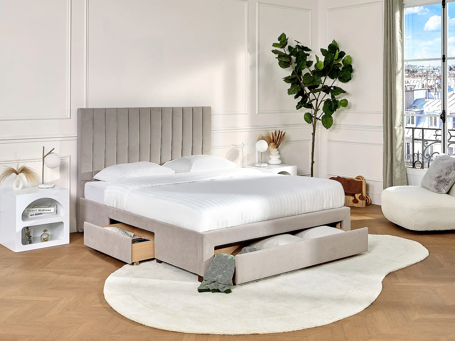 Bed met opbergruimte 140 x 200 cm van beige stof met matras - LIAKO