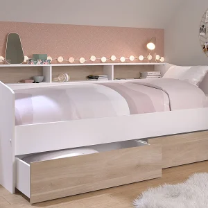 Bed 90 x 200 cm met laden en planken – Wit en natuurlijk + lattenbodem + matras – PAULETTE Bed 90 x 200 cm met laden en planken – Wit en natuurlijk + lattenbodem + matras – PAULETTE