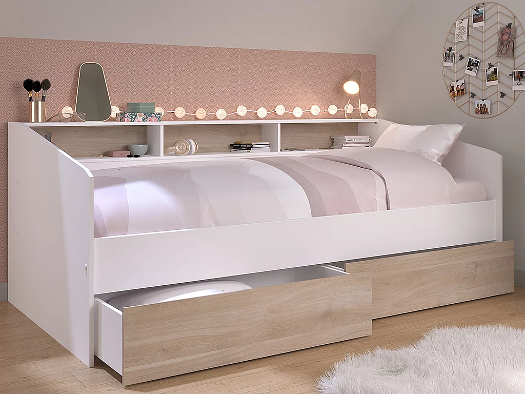 Bed 90 x 200 cm met laden en planken - Wit en natuurlijk + lattenbodem + matras - PAULETTE