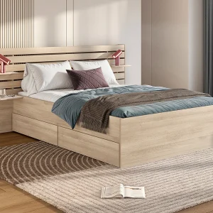 Bed 140 x 200 cm met opbergruimte, naturelkleurig + lattenbodem + matras – TENALIA