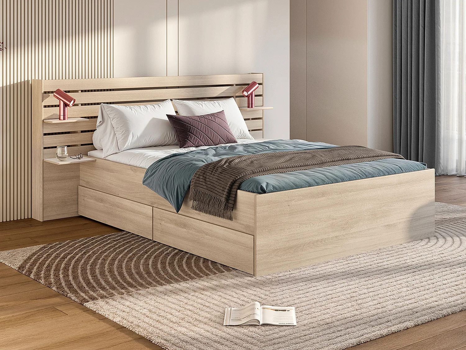 Bed 140 x 200 cm met opbergruimte, naturelkleurig + lattenbodem + matras - TENALIA