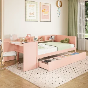 bed met opbergvak – 90 x 200 cm – 2 lades + bureau – zonder matras – grenen + spaanplaat – roze bed met opbergvak – 90 x 200 cm – 2 lades + bureau – zonder matras – grenen + spaanplaat – roze