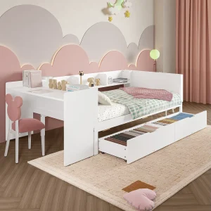 bed met opbergvak – 90 x 200 cm – 2 lades + bureau – zonder matras – grenen + spaanplaat – wit bed met opbergvak – 90 x 200 cm – 2 lades + bureau – zonder matras – grenen + spaanplaat – wit