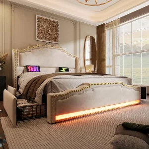 Bed met opbergruimte 140×200 tweepersoonsbed voor tieners met 4 lades, ledverlichting en USB-C-oplaadpoort met matras in beige fluweel