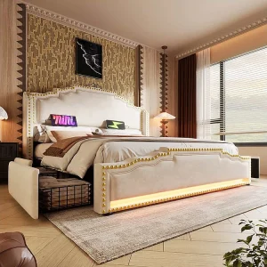Bed met opbergruimte 140×200 tweepersoonsbed voor tieners met 4 lades, ledverlichting en USB-C-oplaadpoort, zonder matras, in beige fluweel