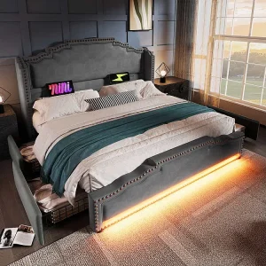 Bed met opbergruimte 180×200 tweepersoonsbed voor tieners met 4 lades, ledverlichting en USB-C-oplaadpoort, zonder matras, fluweelgrijs Bed met opbergruimte 180×200 tweepersoonsbed voor tieners met 4 lades, ledverlichting en USB-C-oplaadpoort, zonder matras, fluweelgrijs