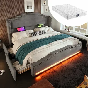 Bed met opbergruimte 140×200 tweepersoonsbed voor tieners met 4 lades, ledverlichting en USB-C-oplaadpoort met matras in grijs fluweel