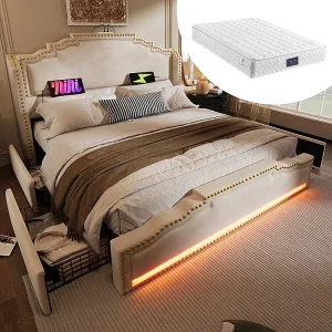 Bed met opbergruimte 160×200 tweepersoonsbed voor tieners met 4 lades, ledverlichting en USB-C-oplaadpoort met matras in beige fluweel Bed met opbergruimte 160×200 tweepersoonsbed voor tieners met 4 lades, ledverlichting en USB-C-oplaadpoort met matras in beige fluweel