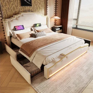 Bed met opbergruimte 160×200 tweepersoonsbed voor tieners met 4 lades, ledverlichting en USB-C-oplaadpoort zonder matras in beige fluweel Bed met opbergruimte 160×200 tweepersoonsbed voor tieners met 4 lades, ledverlichting en USB-C-oplaadpoort zonder matras in beige fluweel