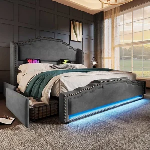 Bed met opbergruimte 160×200 tweepersoonsbed voor tieners met 4 lades, ledverlichting en USB-C-oplaadpoort, zonder matras, fluweelgrijs Bed met opbergruimte 160×200 tweepersoonsbed voor tieners met 4 lades, ledverlichting en USB-C-oplaadpoort, zonder matras, fluweelgrijs