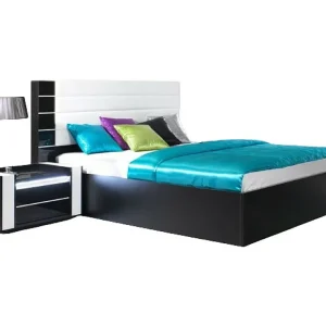 Bed met opbergruimte 160 cm zwart en glanzend wit met afwerking in zwart kunstleer