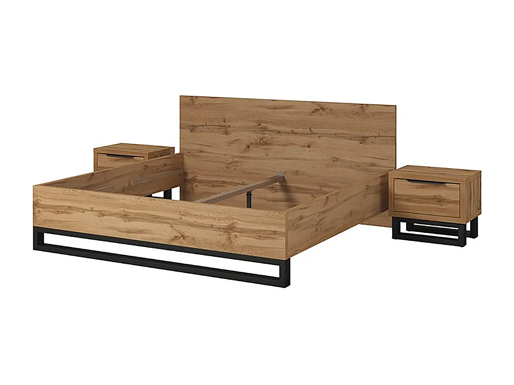 Bed 140x200 en nachtkastjes in industriële stijl, collectie MILOS, ruw eiken/zwart, inclusief lattenbodem