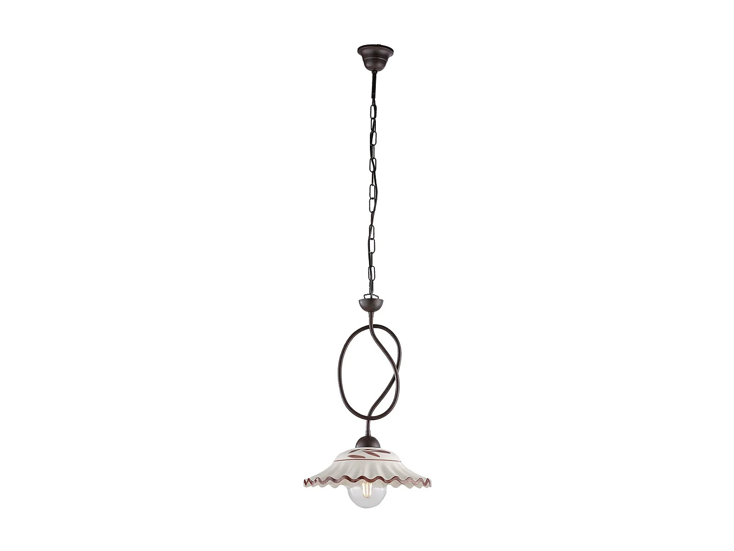 Lustre Bistrot fer noir, décor rouille, diffuseur céramique d.30, 1 lumière, design artisanal blanc/marron