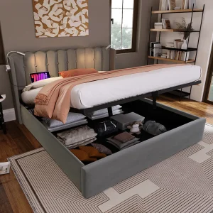Bed 140×200 fluweel grijs – LED/USB hoofdbord – Ingebouwde opbergruimte – Zonder matras Bed 140×200 fluweel grijs – LED/USB hoofdbord – Ingebouwde opbergruimte – Zonder matras