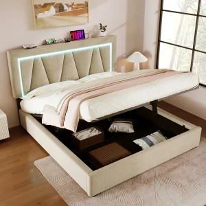 Bed 160×200 met LED/USB-C – Verlicht hoofdbord – Praktische opbergruimte – Beige linnen (zonder matras) Bed 160×200 met LED/USB-C – Verlicht hoofdbord – Praktische opbergruimte – Beige linnen (zonder matras)