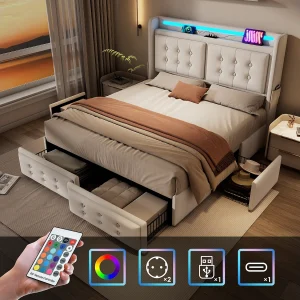 Bed 180×200 cm beige met 4 lades, gestoffeerd tweepersoonsbed voor volwassenen, met LED en USB-C, zonder matras, katoen linnen