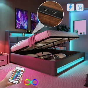 Bed met opbergruimte 180×200 cm, volwassen bed met USB en LED, gestoffeerd tweepersoonsbed, Hout+Metaal+Linnen, zonder matras, grijs Bed met opbergruimte 180×200 cm, volwassen bed met USB en LED, gestoffeerd tweepersoonsbed, Hout+Metaal+Linnen, zonder matras, grijs