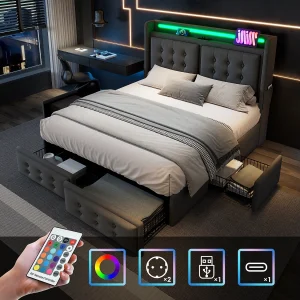 Bed 180×200 cm grijs met 4 lades, gestoffeerd tweepersoonsbed voor volwassenen, met LED en USB-C, zonder matras, katoenlinnen