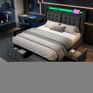 Bed 160×200 cm grijs met 4 laden, gestoffeerd tweepersoonsbed voor volwassenen, LED + USB C, zonder matras, katoen linnen Bed 160×200 cm grijs met 4 laden, gestoffeerd tweepersoonsbed voor volwassenen, LED + USB C, zonder matras, katoen linnen