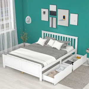 Bed met hoofdeinde en lades – 140 x 200 cm – massief hout – kleur: wit Bed met hoofdeinde en lades – 140 x 200 cm – massief hout – kleur: wit