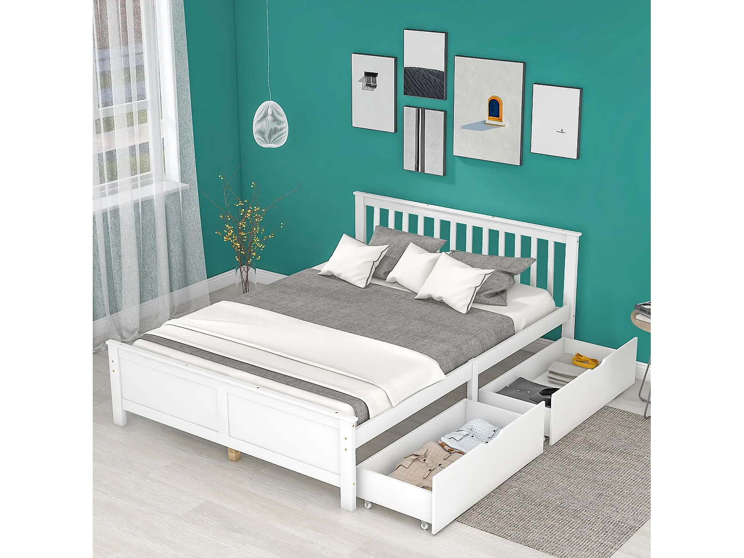 Bed met hoofdeinde en lades - 140 x 200 cm - massief hout - kleur: wit