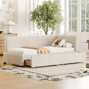 Bed 90×200 cm, gestoffeerd kinder-/volwassenen-/tienerbed met laden, eenpersoonsbed van velvet, zonder matras, beige Bed 90×200 cm, gestoffeerd kinder-/volwassenen-/tienerbed met laden, eenpersoonsbed van velvet, zonder matras, beige