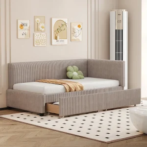 Bed 90×200 cm, Kinder-/volwassenen-/tienerbed met lades, eenpersoonsbed, velours, zonder matras, grijs Bed 90×200 cm, Kinder-/volwassenen-/tienerbed met lades, eenpersoonsbed, velours, zonder matras, grijs
