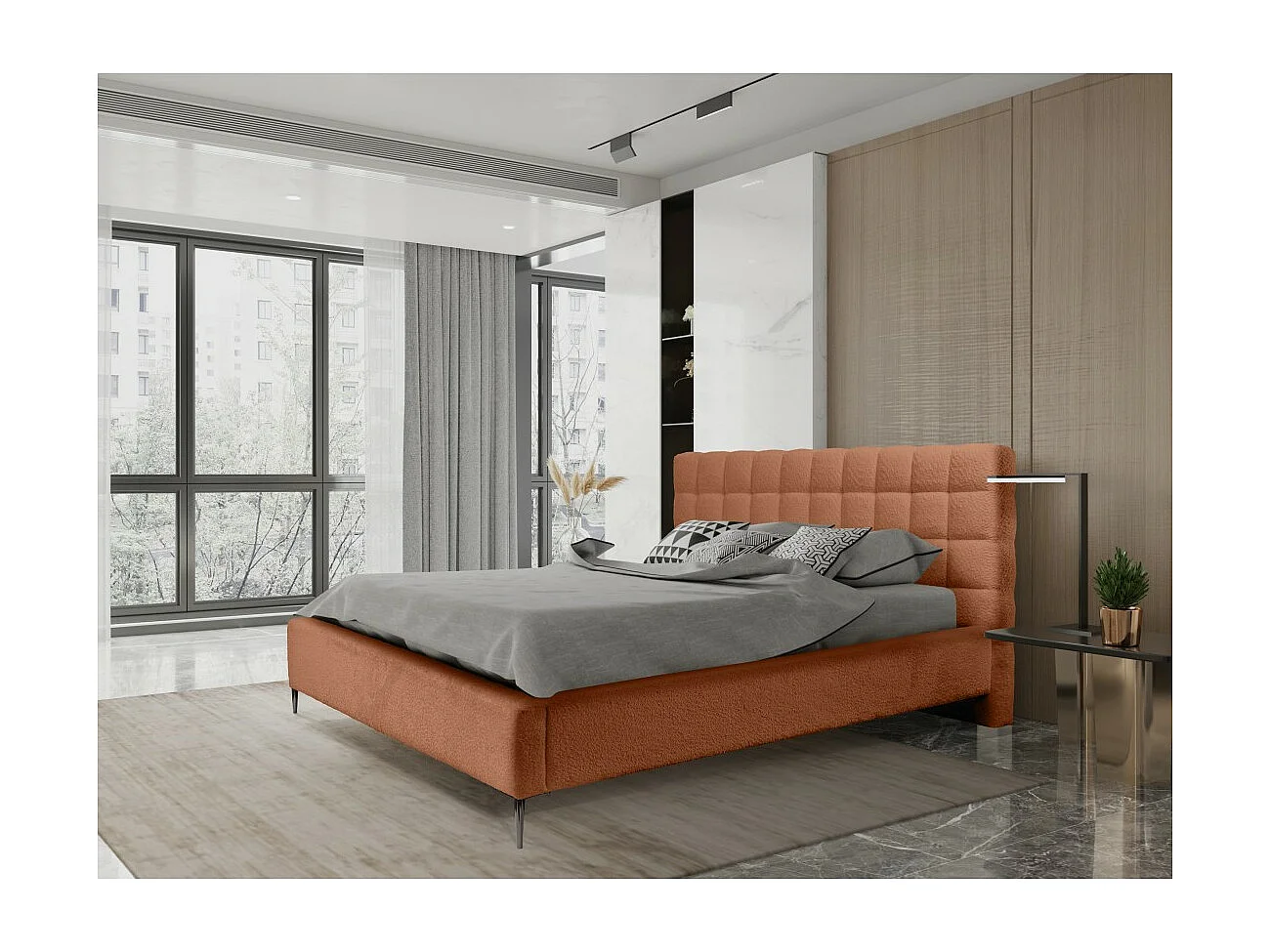 Bed MILLIO - Terracotta - 160x200 cm - Stof chenille bouclé - Inclusief bedbodem - 5-sterren hotelcomfort