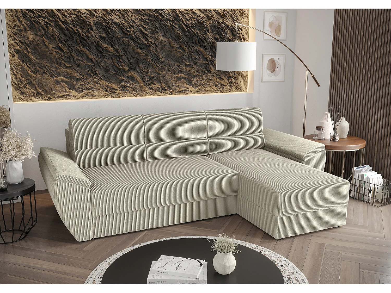 BEDANTE Hoekbank L REBI L2 Poso 100 Rechts met slaapfunctie, beige, L-vorm, bank met opbergruimte, bedlade, woonkamerbank, bankstel, sofa, slaapbank