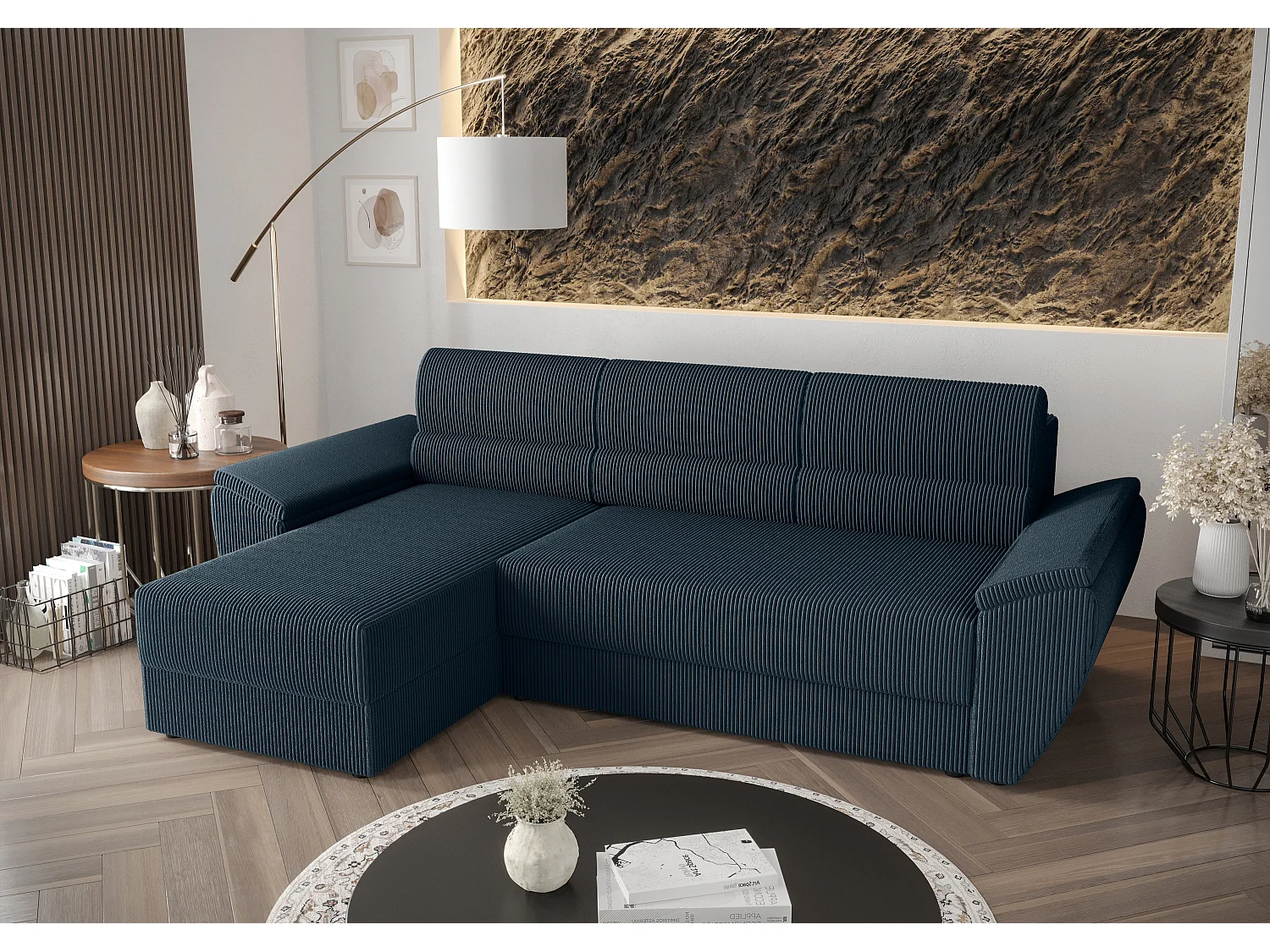 BEDANTE Hoekbank L REBI L2 Poso 05 Links met slaapfunctie, donkerblauw, L-vorm, bank met opbergruimte, bedlade, woonkamerbank, bankstel, sofa, slaapbank