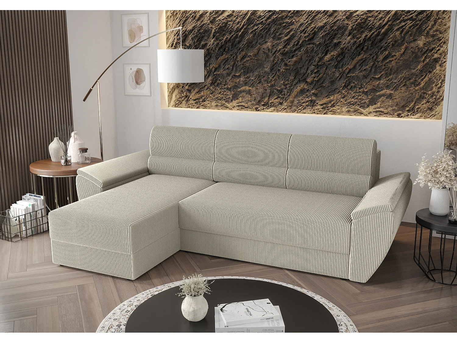 BEDANTE Hoekbank L REBI L2 Poso 100 Links met slaapfunctie, beige, L-vorm, bank met opbergruimte, bedlade, woonkamerbank, bankstel, sofa, slaapbank