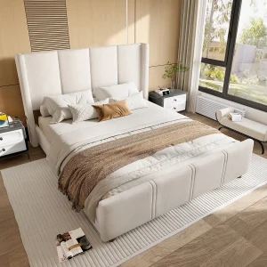 Bed voor volwassenen 140×200 cm met USB type-C poort, beige fluwelen bekleding, lattenbodem, zonder matras Bed voor volwassenen 140×200 cm met USB type-C poort, beige fluwelen bekleding, lattenbodem, zonder matras