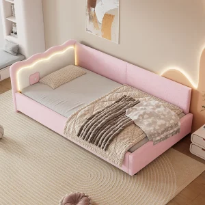 Bedbank voor kinderen 90×200 cm met LED-verlichting, roze wol-look, zonder matras Bedbank voor kinderen 90×200 cm met LED-verlichting, roze wol-look, zonder matras