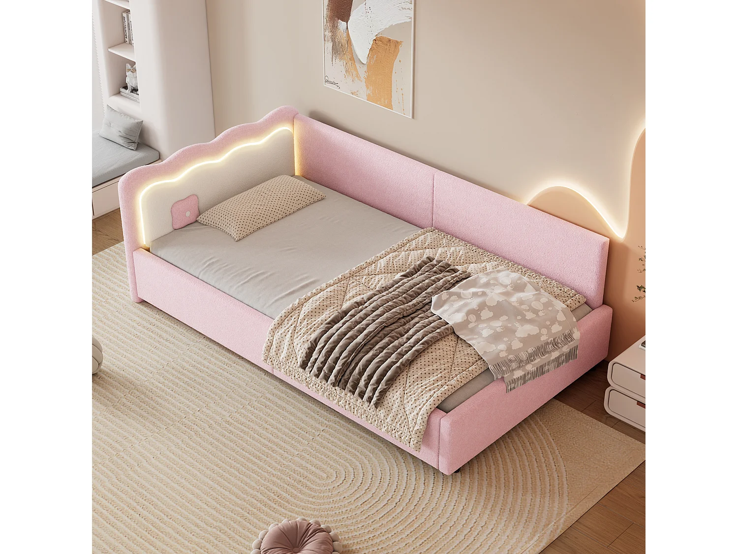 Bedbank voor kinderen 90x200 cm met LED-verlichting, roze wol-look, zonder matras
