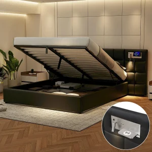 Bed met opbergruimte voor volwassenen 180×200 cm met 2 leeslampen en USB Type-C, gemaakt van zwart PU, zonder matras Bed met opbergruimte voor volwassenen 180×200 cm met 2 leeslampen en USB Type-C, gemaakt van zwart PU, zonder matras