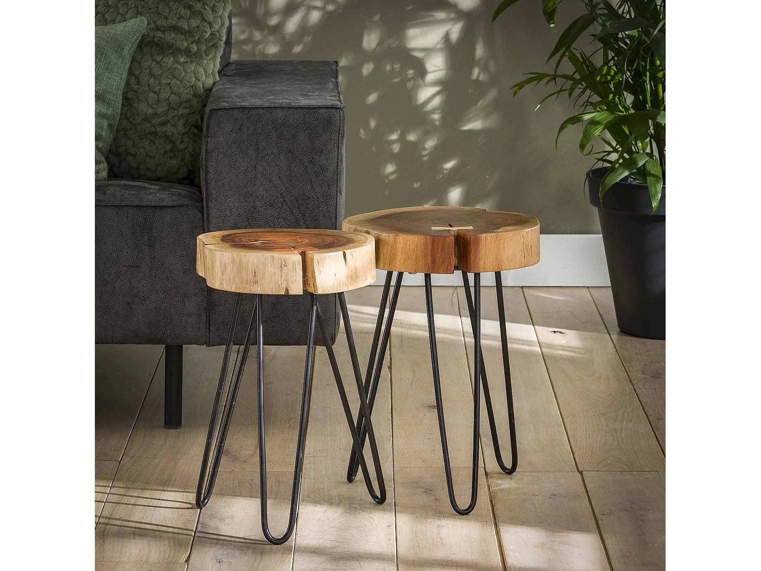 Bijzettafel Stam - Ø32cm - Set van 2 - Bruin - Hout