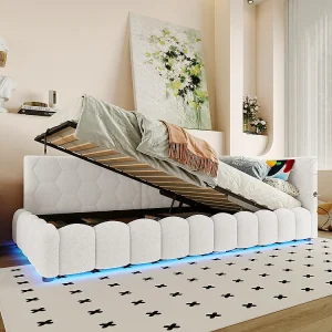 Bed met opbergruimte 90×200 met ledstrip, hydraulisch hefmechanisme, USB-poort type C, comfortabele witte imitatiebontbekleding Bed met opbergruimte 90×200 met ledstrip, hydraulisch hefmechanisme, USB-poort type C, comfortabele witte imitatiebontbekleding