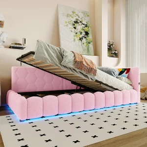 Bed met opbergruimte 90×200 met ledstrip, hydraulisch hefmechanisme, USB-poort type C, comfortabele roze imitatiebontbekleding Bed met opbergruimte 90×200 met ledstrip, hydraulisch hefmechanisme, USB-poort type C, comfortabele roze imitatiebontbekleding