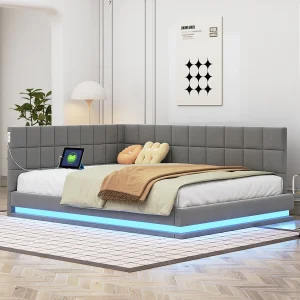 Bed voor volwassenen 140×200 cm in sofa-stijl met 2 grote armleuningen, LED-verlichting en USB-poort, bekleed met grijze fluweel, zonder matras Bed voor volwassenen 140×200 cm in sofa-stijl met 2 grote armleuningen, LED-verlichting en USB-poort, bekleed met grijze fluweel, zonder matras