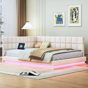 Bed voor volwassenen 140×200 cm in sofa-stijl met 2 grote armleuningen, LED-verlichting en USB-poort, bekleed met beige fluweel, zonder matras Bed voor volwassenen 140×200 cm in sofa-stijl met 2 grote armleuningen, LED-verlichting en USB-poort, bekleed met beige fluweel, zonder matras