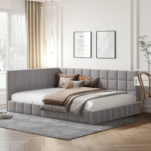 Bed voor volwassenen 140×200 cm in sofa-stijl met 2 grote armleuningen, lattenbodem inbegrepen, grijze fluwelen bekleding, zonder matras Bed voor volwassenen 140×200 cm in sofa-stijl met 2 grote armleuningen, lattenbodem inbegrepen, grijze fluwelen bekleding, zonder matras